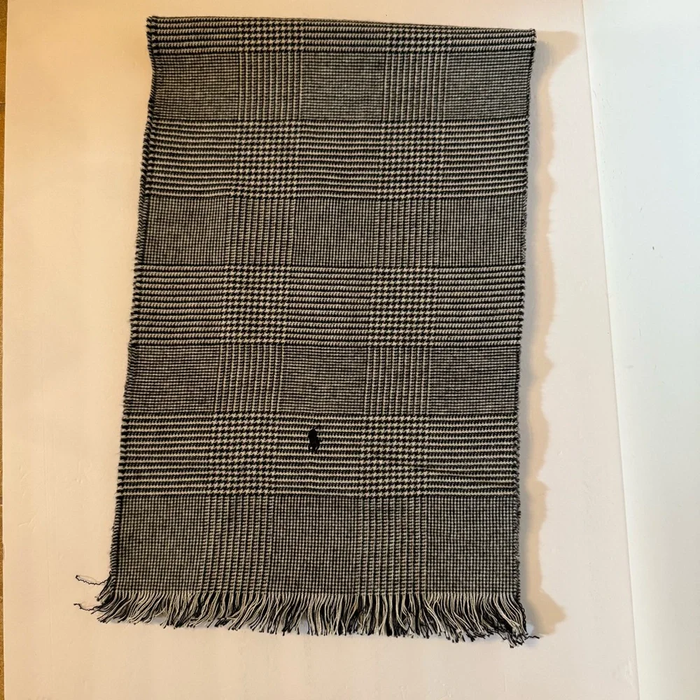 POLO RALPH LAUREN SCARF UNISEX BLACK WHITE PLAID COTTON LONG RECTANGLE